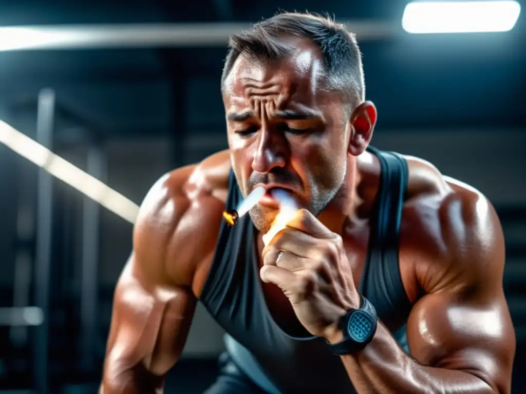 Efectos del tabaco en el rendimiento físico masculino: Hombre atlético en lucha por respirar con cigarrillo en mano en un gimnasio oscuro