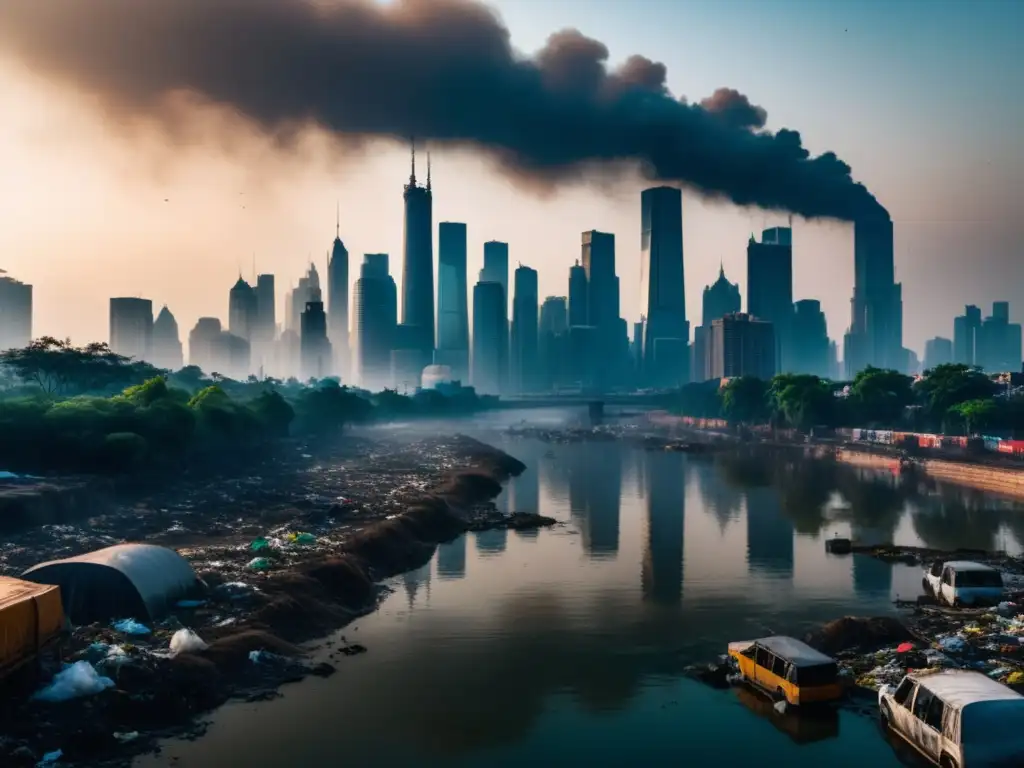 Impacto ambiental de la moda masculina: ciudad contaminada, río lleno de desechos y fábrica liberando humo tóxico