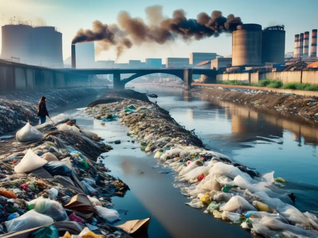 Impacto moda desechable en el planeta: río contaminado, basura flotando, fábricas emitiendo humo, persona con ropa rápida desechada