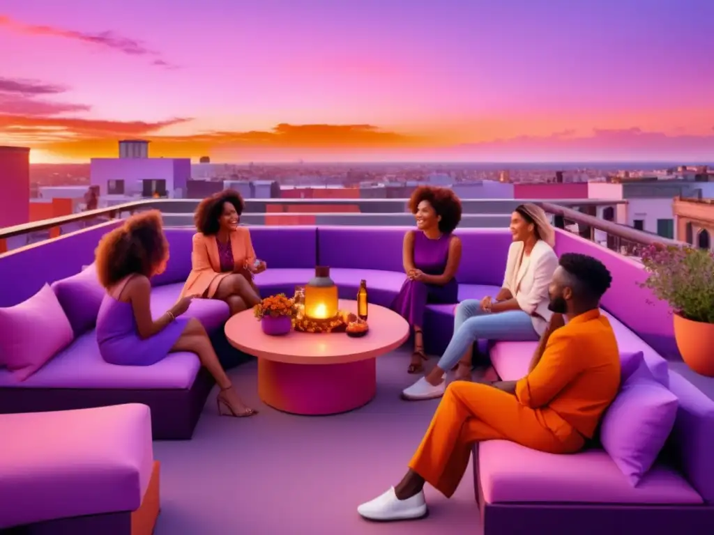 Influencia colores en relaciones personales: gente diversa en terraza vibrante, atardecer dorado con cielo naranja, rosa y morado