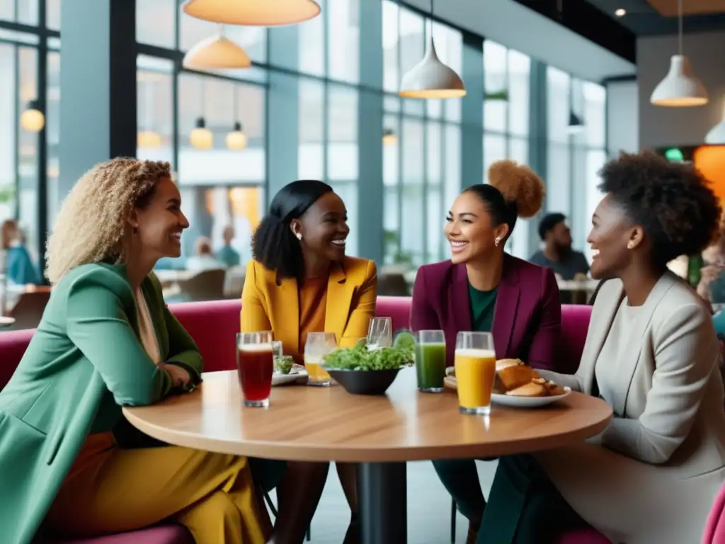 Personas en una conversación en un café moderno con colores vibrantes, influencia de colores en relaciones personales