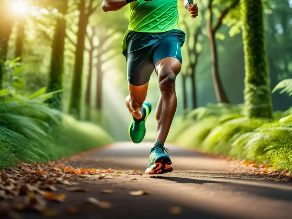 Hombre corriendo con zapatillas modernas en sendero rodeado de naturaleza, resaltando beneficios del running para hombres