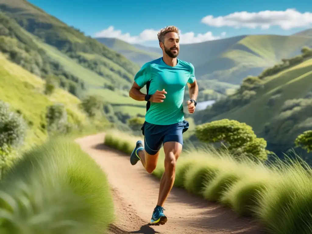 Hombre corredor en pose dinámica en sendero con paisaje, resalta energía e intensidad del running