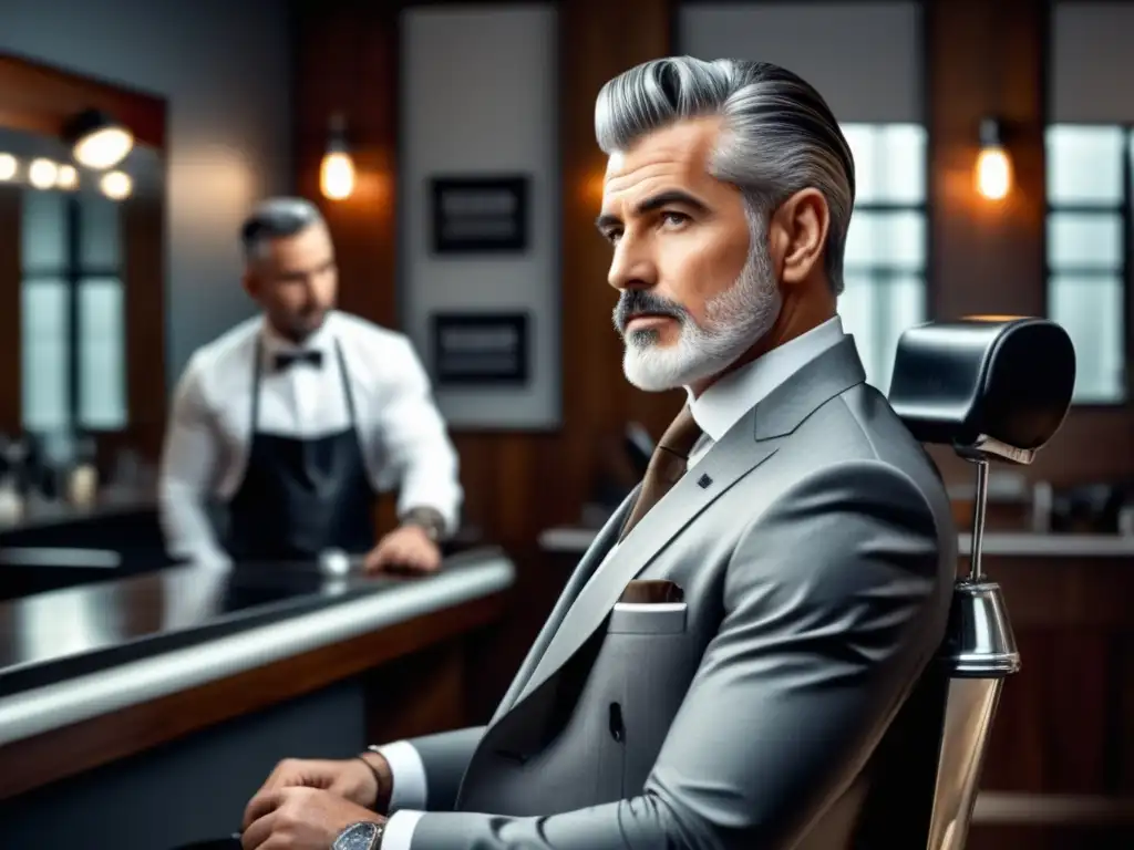 Hombre canoso en moderna barbería: estilo y confianza con cortes de pelo para hombres canosos