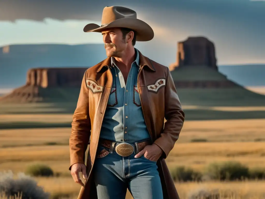 Moda de John Wayne en la Cultura Cowboy: Un vaquero rudo destaca en la pradera, luciendo un atuendo clásico con influencia de John Wayne