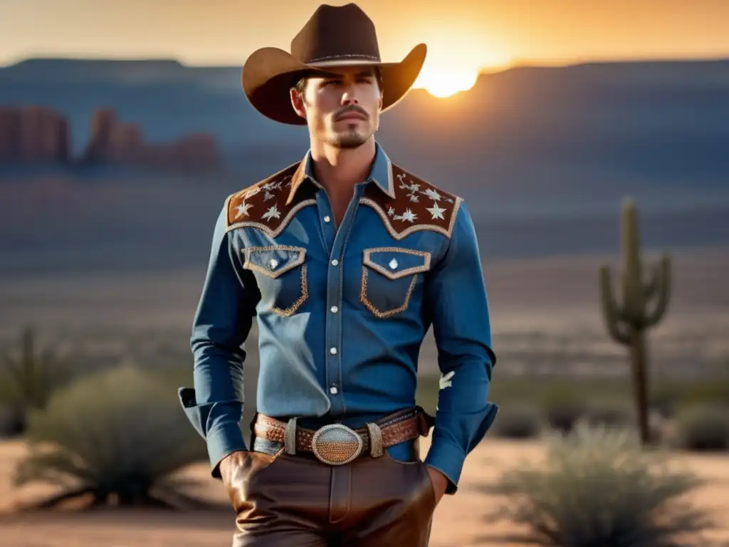 Tendencia moda masculina estilo cowboy- Modelo masculino viste moderna interpretación de moda cowboy en un paisaje desértico al atardecer