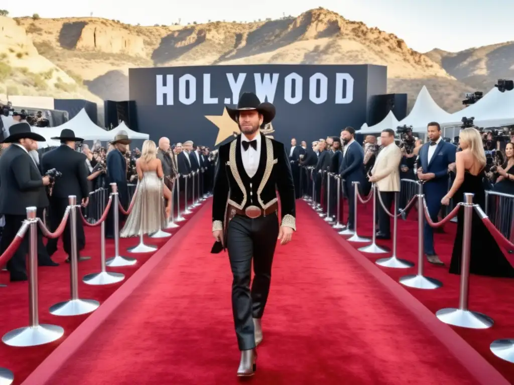 Tendencia moda masculina estilo cowboy con celebridades en alfombra roja y cámaras parpadeantes