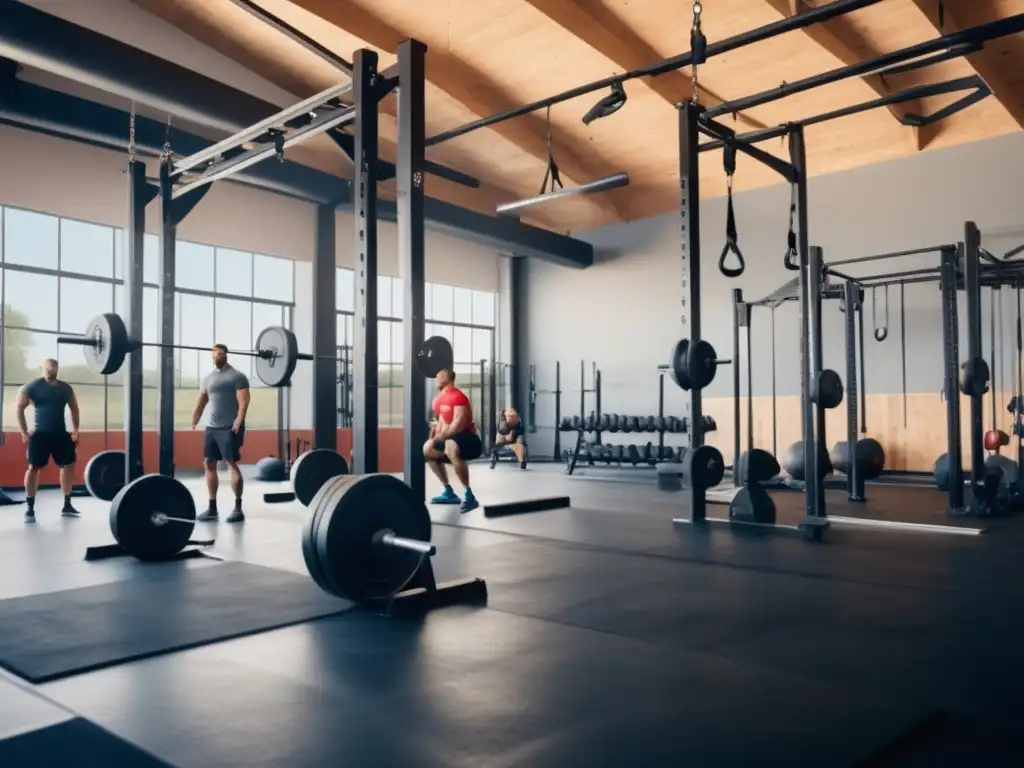 Hombres en gimnasio de crossfit con equipamiento profesional, ejercitándose con determinación