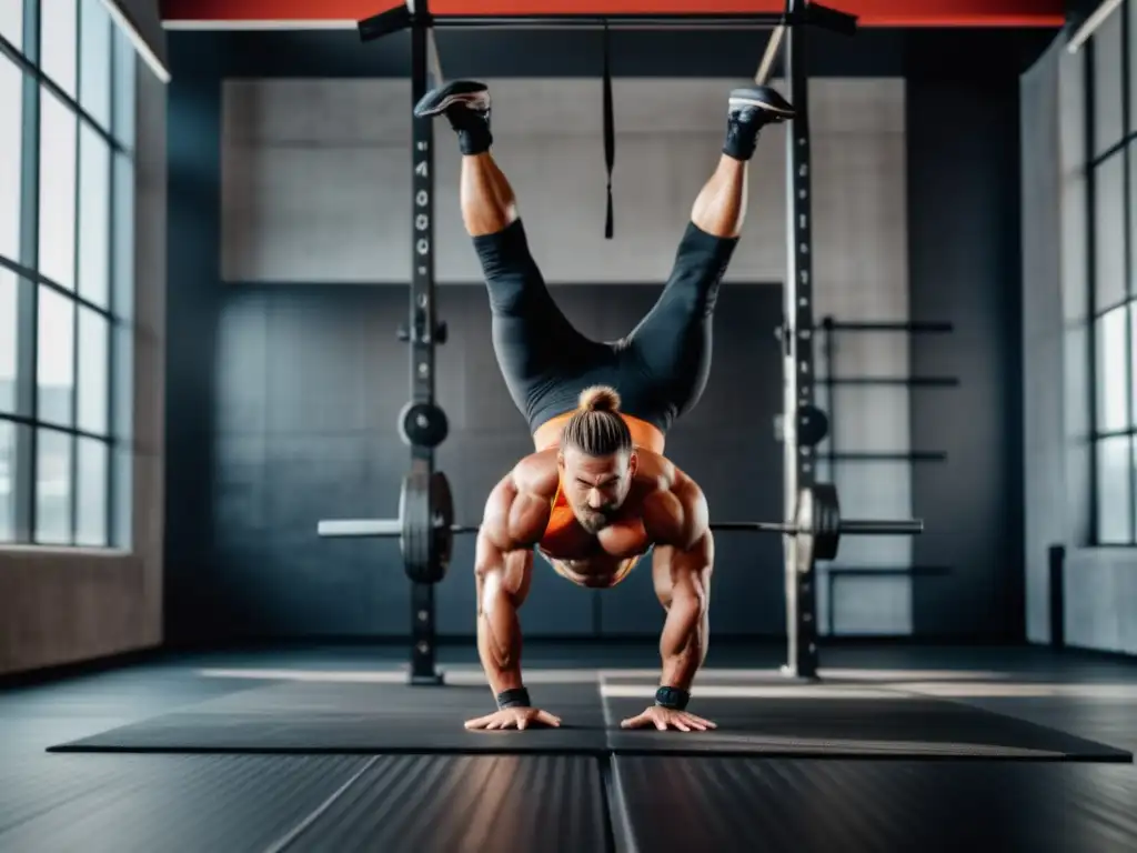 Hombre musculoso realizando un intenso ejercicio de CrossFit en un gimnasio moderno