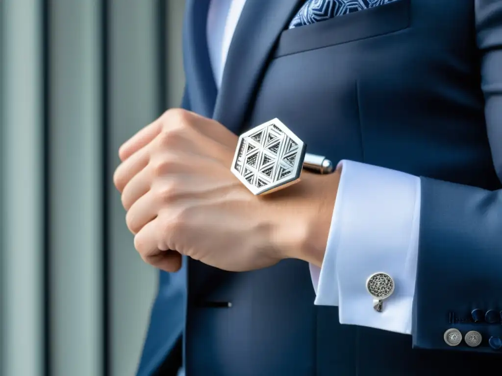 Mano de hombre bien vestido sosteniendo un elegante gemelo plateado con patrón geométrico moderno