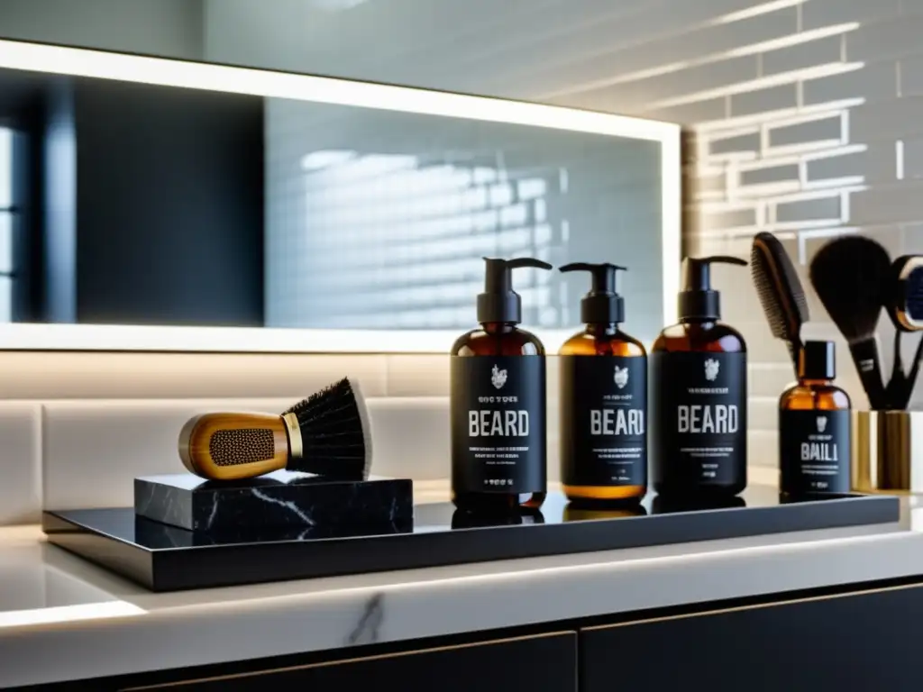 Productos de cuidado de barba para hombres en un moderno baño con azulejos blancos, espejo grande y elegante encimera de mármol negro