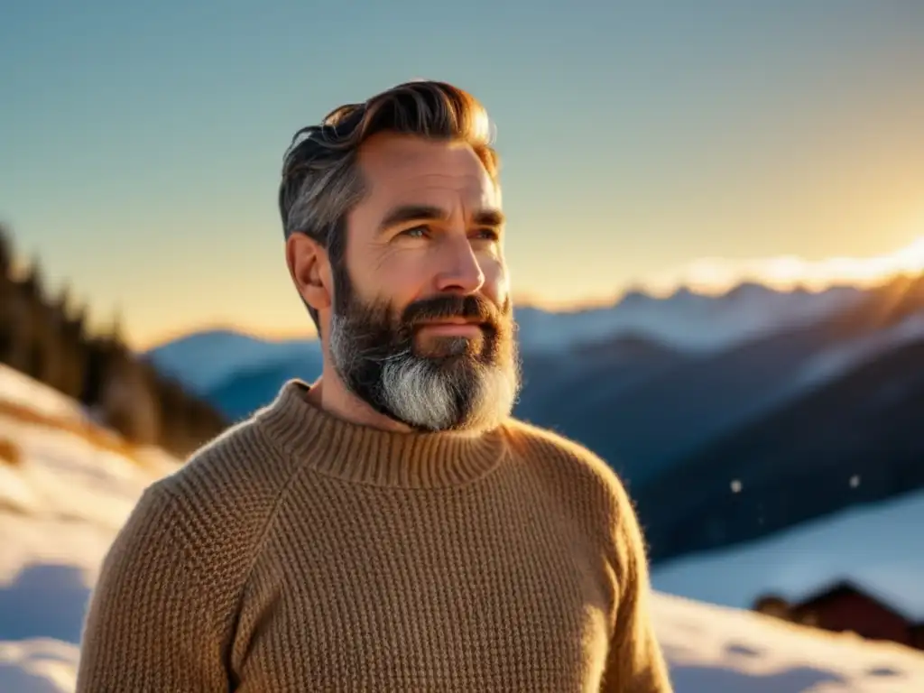 Hombre atractivo con barba cuidada y suéter acogedor, frente a montañas nevadas