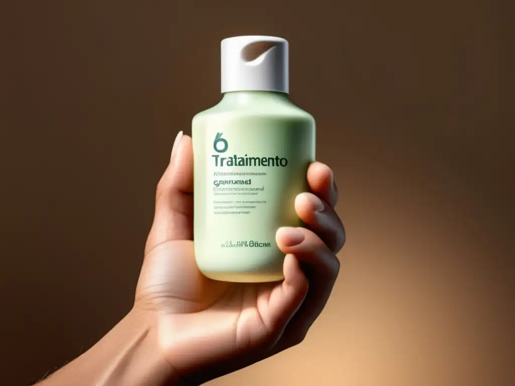 Tratamiento natural para dermatitis masculina: mano masculina suavemente sosteniendo una botella de loción natural relajante