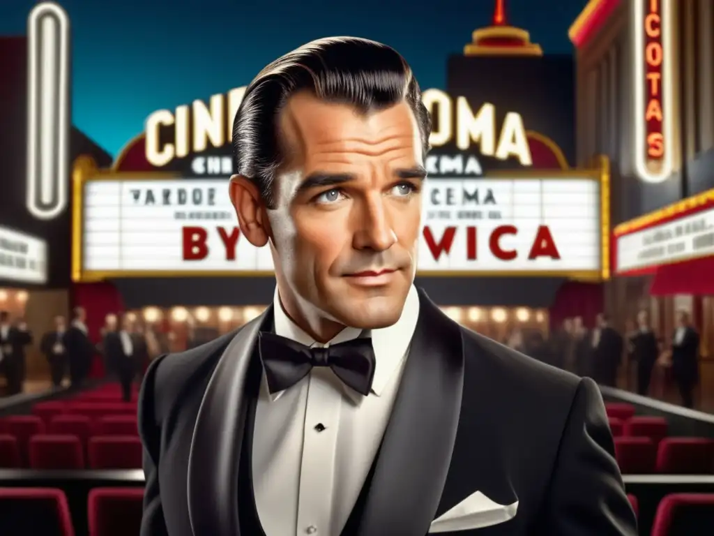 Influencia moda masculina cine clásico: Caballero elegante en tuxedo negro, camisa blanca, corbata negra y peinado impecable