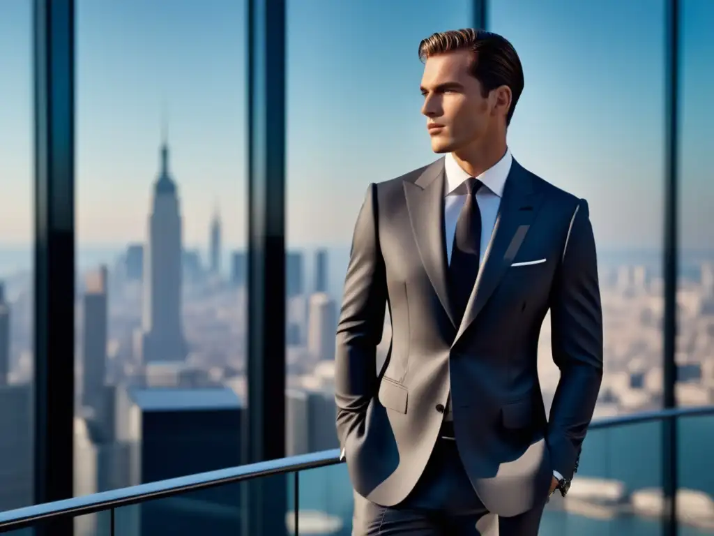 Elegancia masculina Giorgio Armani: modelo dapper con traje impecable, fondo moderno y vistas panorámicas a la ciudad