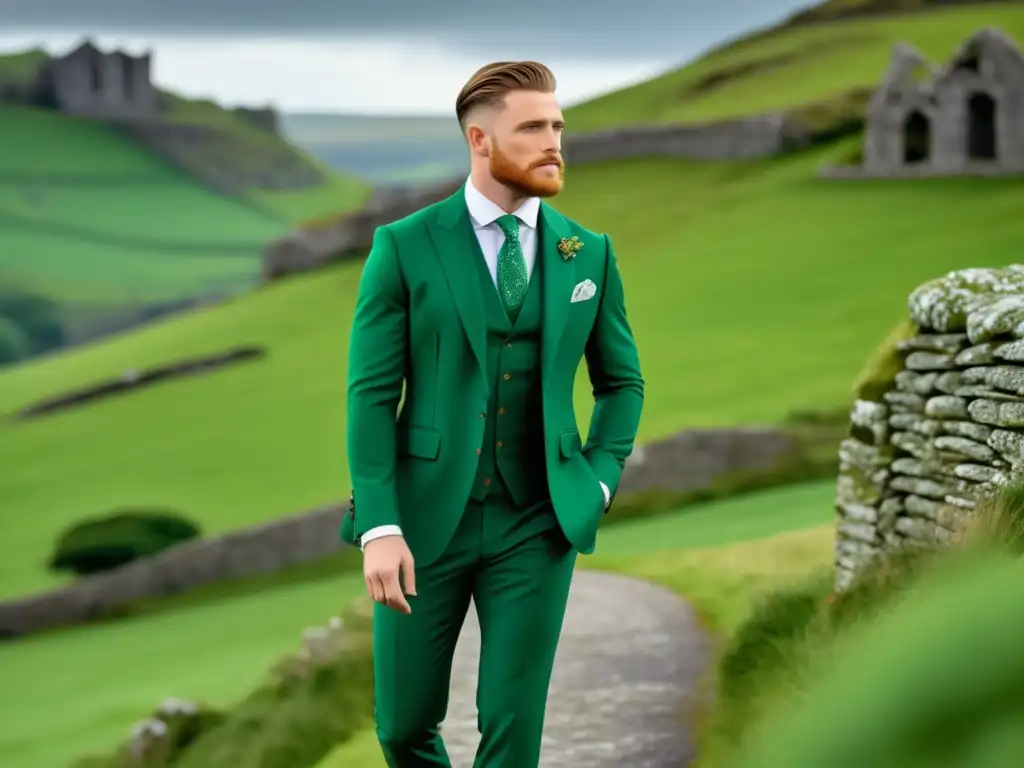 Hombre elegante en traje verde esmeralda de estilo irlandés, capturando la belleza natural y el encanto histórico de Irlanda