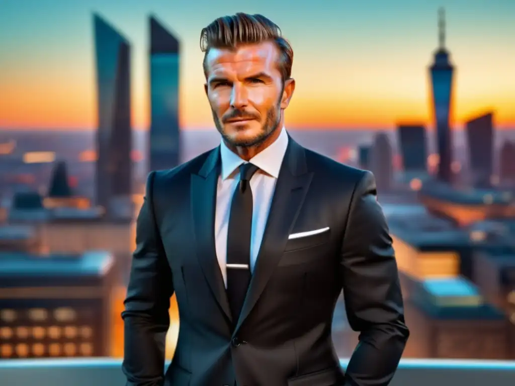 David Beckham, estilo moda masculina en vibrante ciudad al atardecer