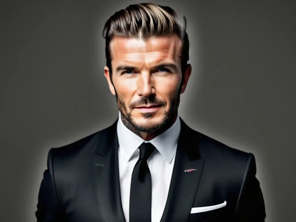 David Beckham estilo moda masculina, traje negro y camisa blanca, elegante y sofisticado