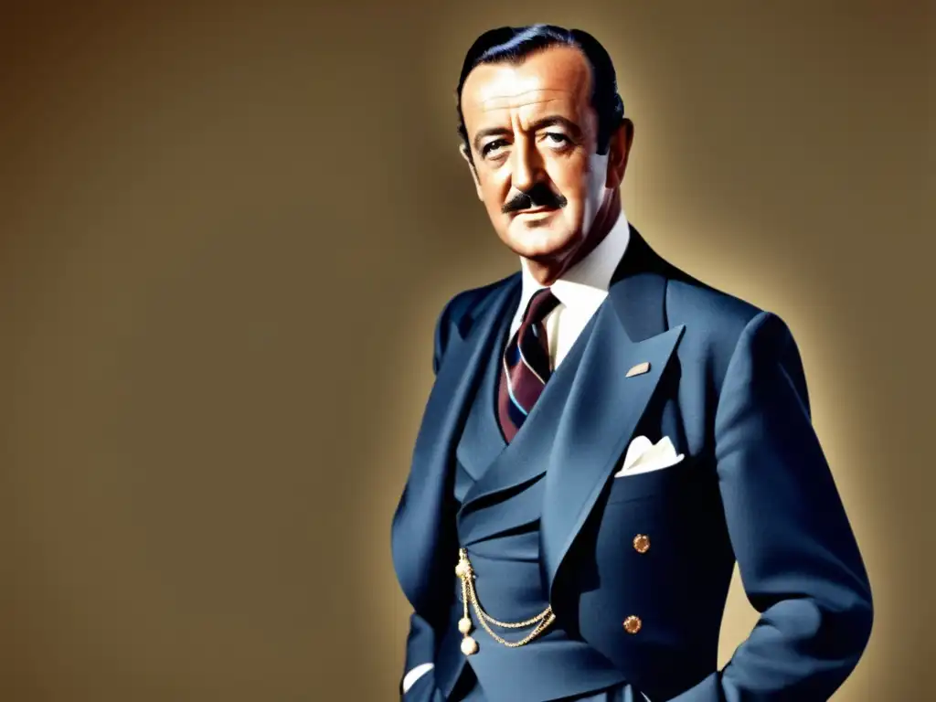 Estilo elegante David Niven en traje de tres piezas, exudando elegancia atemporal