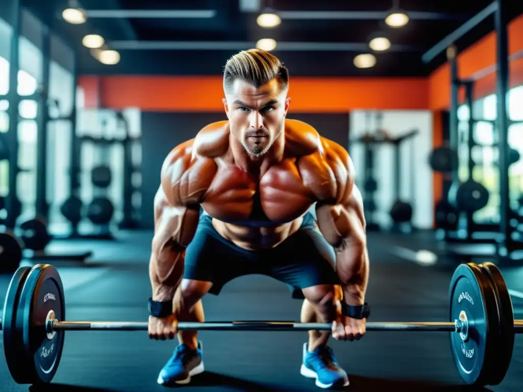 Un atleta masculino en pleno entrenamiento intenso, muestra su determinación al levantar pesas en un moderno gimnasio