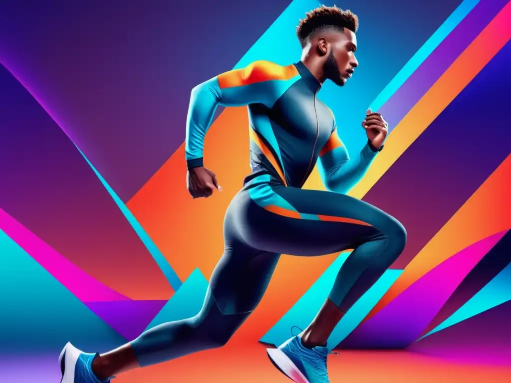 Mejores materiales para ropa deportiva masculina: Atleta masculino con ropa deportiva moderna y tecnológica, en un entorno deportivo futurista