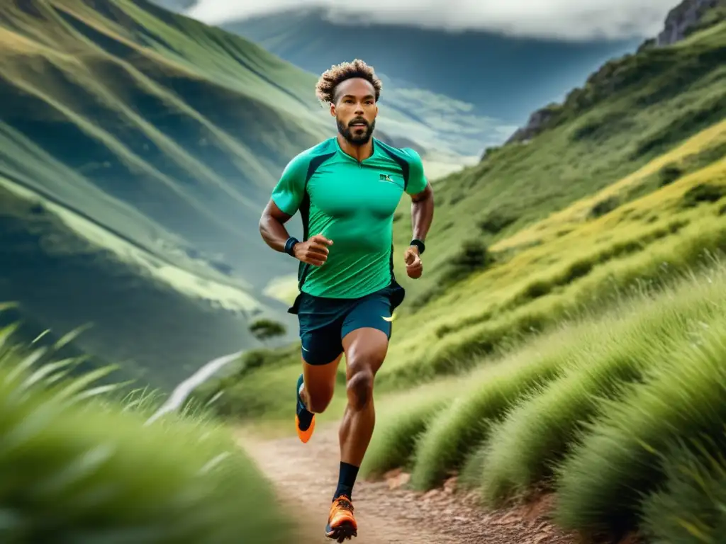 Atleta con ropa deportiva de alto rendimiento en sendero montañoso, resaltando beneficios de tejidos