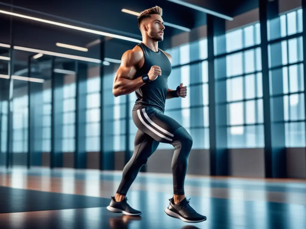 Atleta masculino en gym futurista, con ropa deportiva de alta calidad y estilo, destacando mejores tendencias moda deportiva hombre