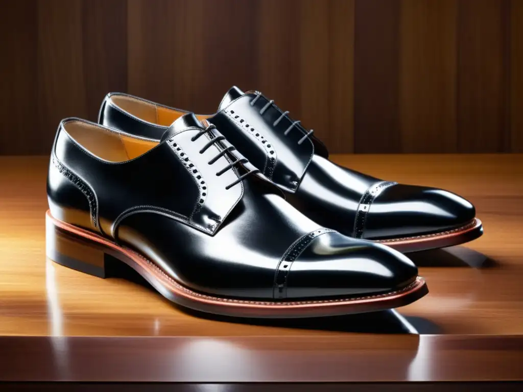 Zapatos formales imprescindibles hombres: Derby negros de cuero con acabado brillante, detalle y textura impecables