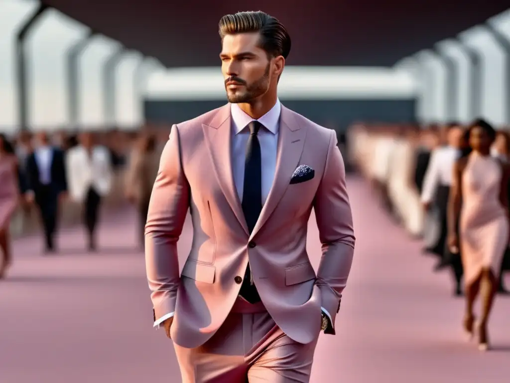 Modelo masculino desfila en pasarela moderna con traje rosa, desafiando normas de moda