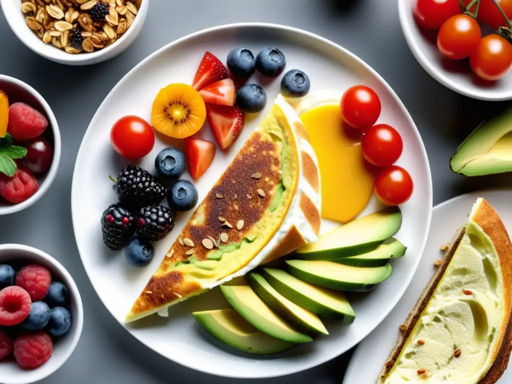 Desayuno saludable con omelette, pan integral, frutas y jugo de naranja - Dieta saludable hombres consejos