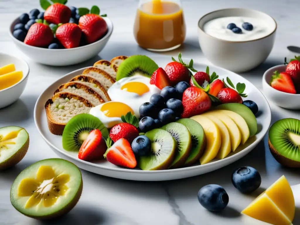 Desayuno saludable con frutas frescas, yogur griego, pan integral y jugo de naranja - Mitos de nutrición desenmascarados