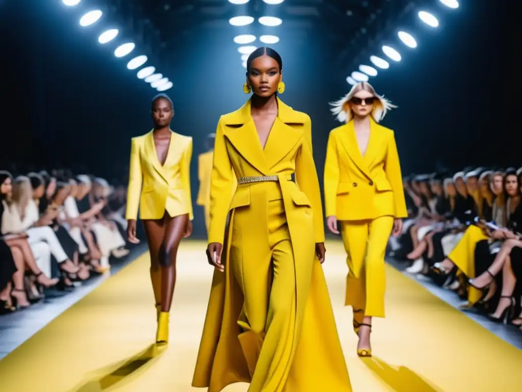 Beneficios del color amarillo en moda: pasarela vibrante con modelos luciendo ensembles estilosos que resaltan el amarillo