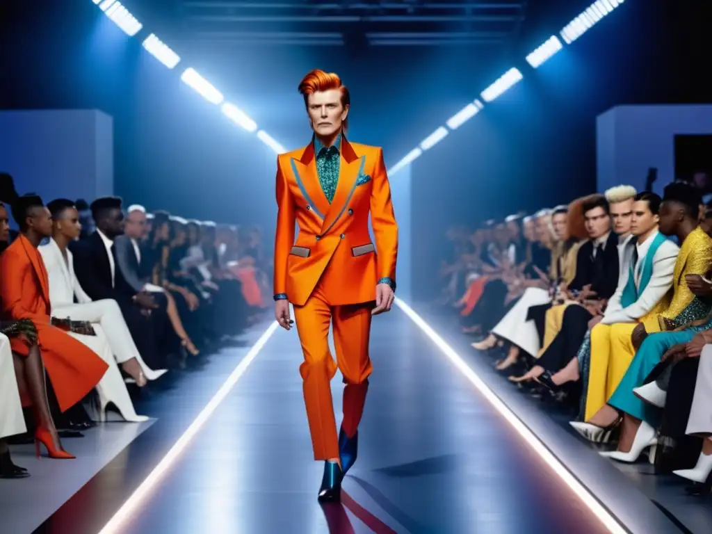 Tendencias moda masculina reyes estilo: Desfile moda masculina inspirado en David Bowie, con trajes elegantes y audaces en una pasarela futurista