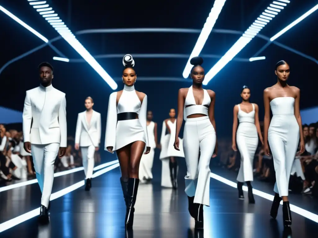 Moda unisex en alta costura - Desfile futurista de modelos de alta moda en una pasarela minimalista con iluminación de vanguardia y suelo reflectante