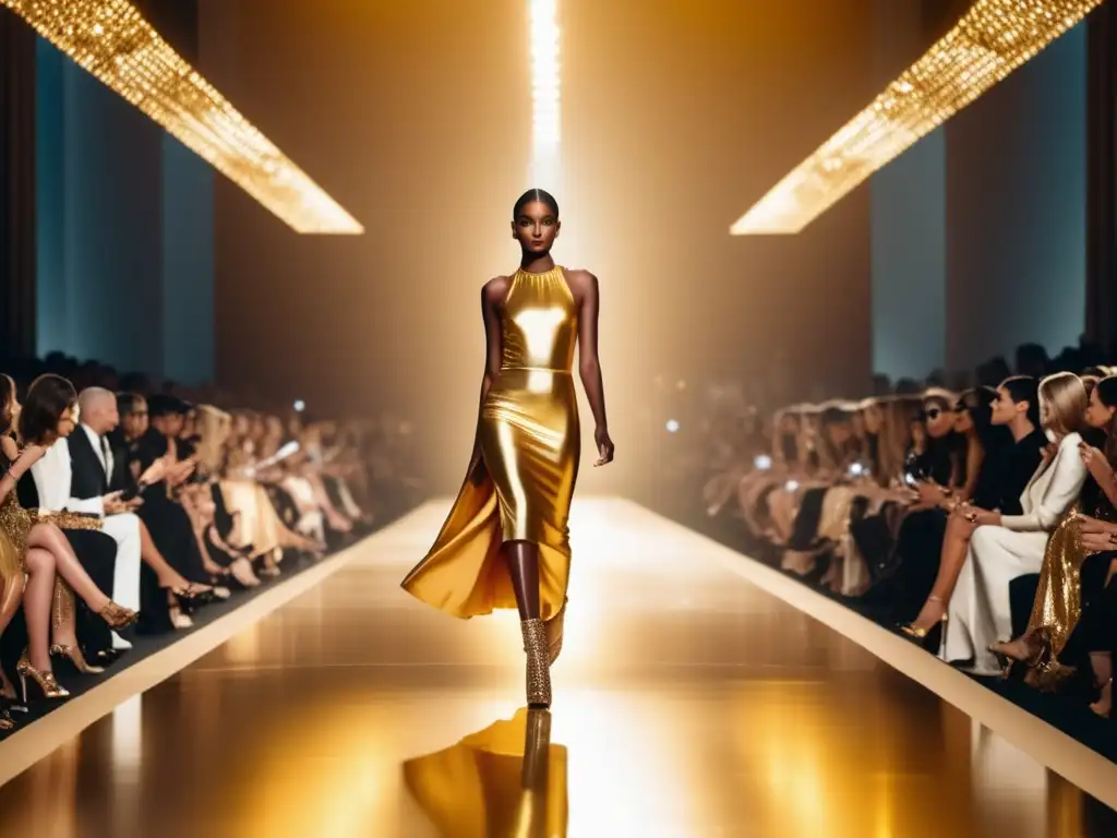 Significado psicológico del color dorado en moda: desfile glamoroso con luces doradas, modelos luciendo atuendos lujosos, público cautivado