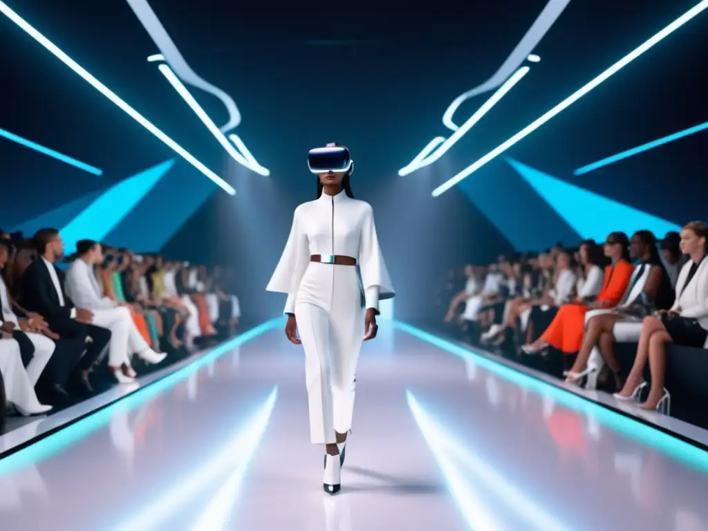 Impacto de la realidad virtual en moda masculina: Futurista desfile de moda con pasarela tecnológica y hologramas de prendas vibrantes