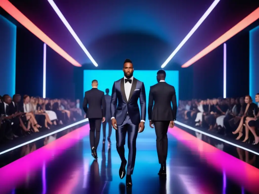 Tendencias moda masculina elegancia en pasarela James Bond con modelos seguros y trajes impecables