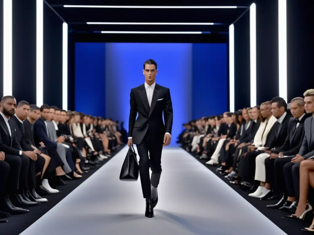 Tendencias moda masculina lujo Balenciaga: Desfile 8K detallado con trajes impecables, diseños vanguardistas y colores sofisticados