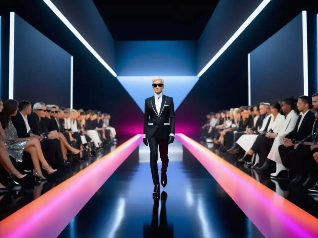 Influencia Karl Lagerfeld moda masculina: Pasarela vanguardista con modelos masculinos luciendo diseños innovadores