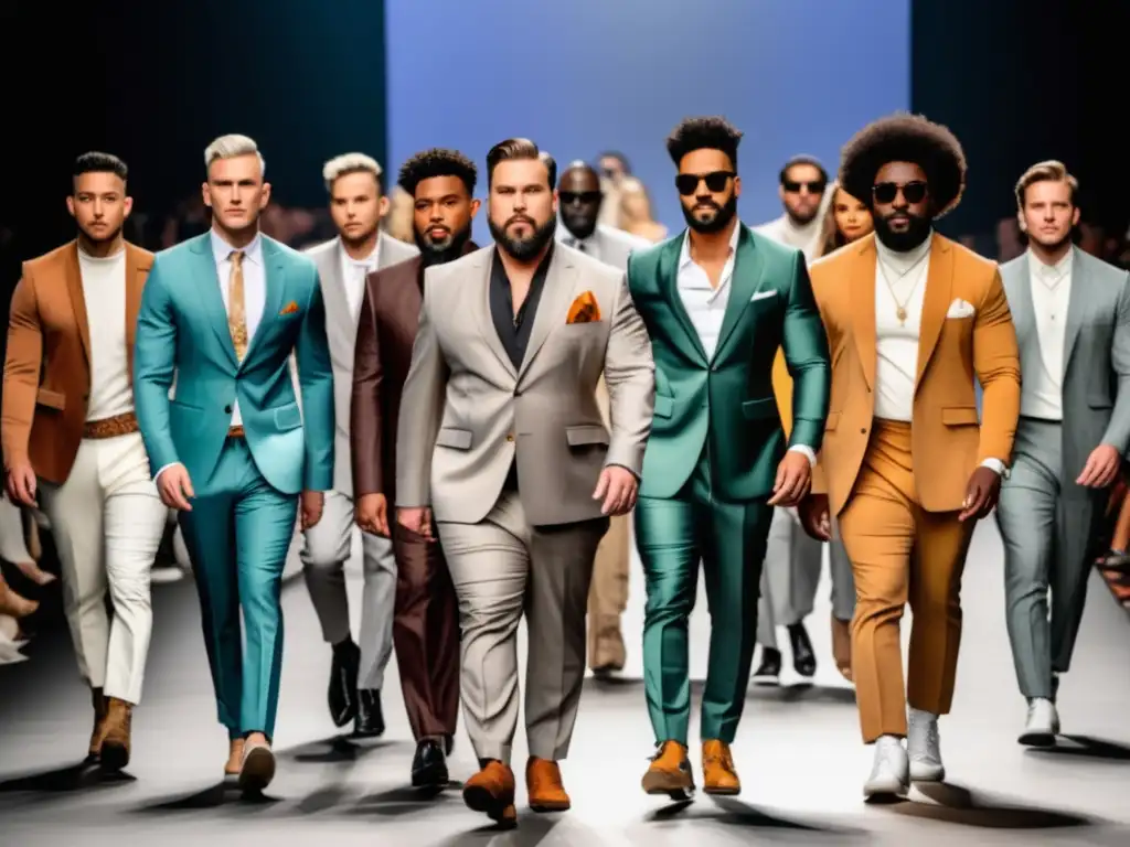 Hombres diversos desfilando con estilo y moda inclusiva, mostrando beneficios de la moda inclusiva para hombres