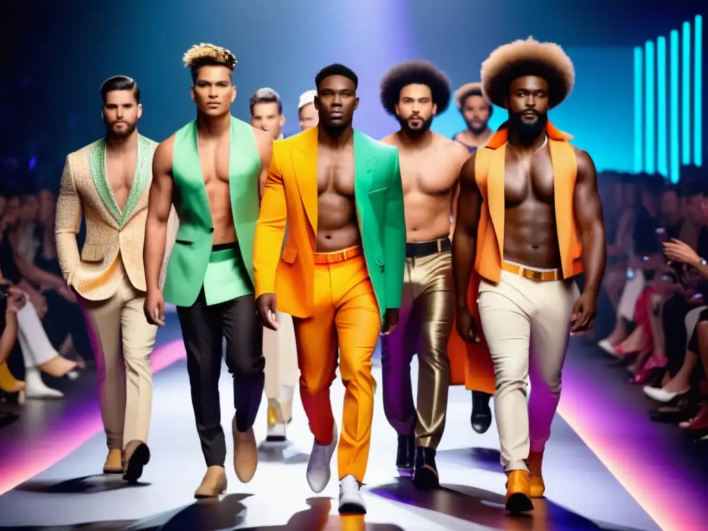 Moda inclusiva para hombres: Diversidad y tendencias, modelos masculinos diversos en pasarela vibrante y moderna