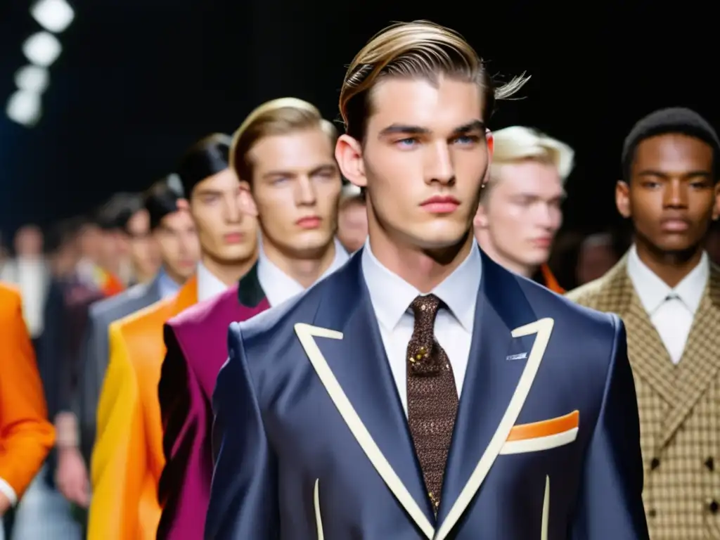 Tendencias moda masculina Prada en desfile con modelos vanguardistas, elegancia y emoción