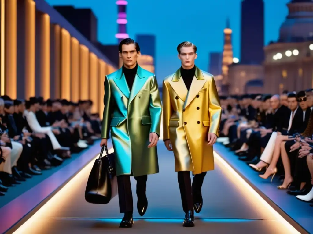 Tendencias moda masculina Prada: Desfile impecable fusiona innovación y elegancia en vibrante escenario urbano