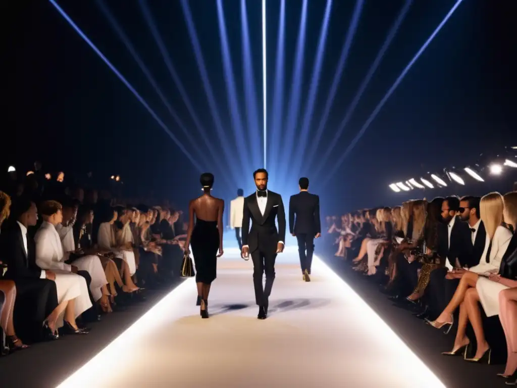 Tendencias moda masculina Tom Ford: Desfile de moda con modelos diversos, innovadores diseños y escenario moderno