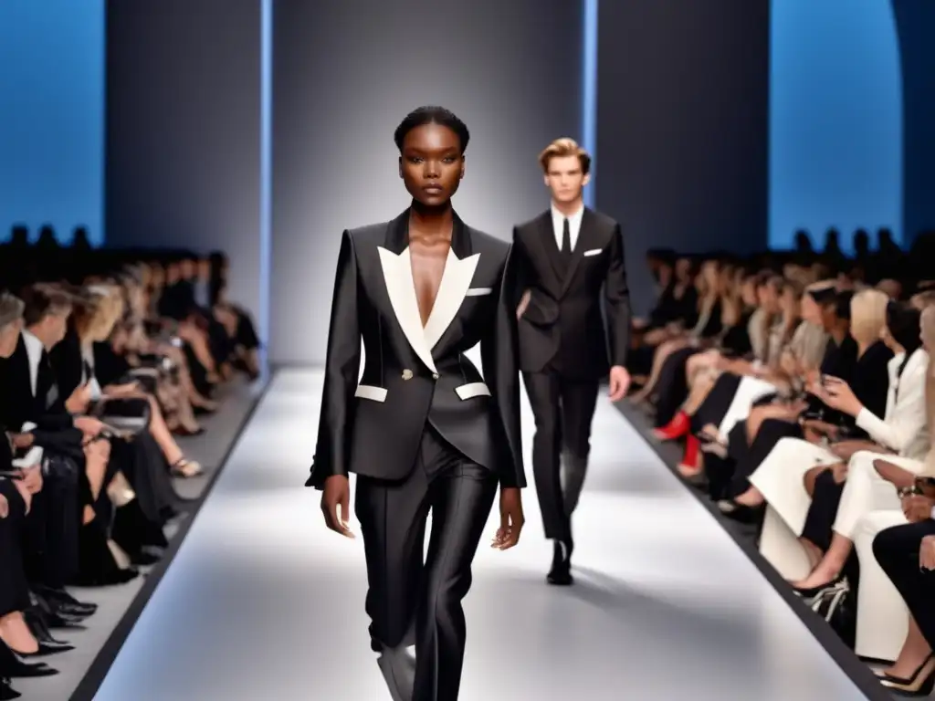 Tendencias moda masculina unisex: Desfile impactante con modelos en trajes negros, blancos y estampados, en escenario minimalista y luces dramáticas