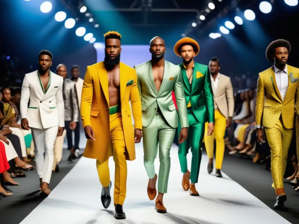 Influencia moda sudafricana en estilo masculino: pasarela vibrante con modelos africanos seguros, diseños contemporáneos y rica expresión cultural