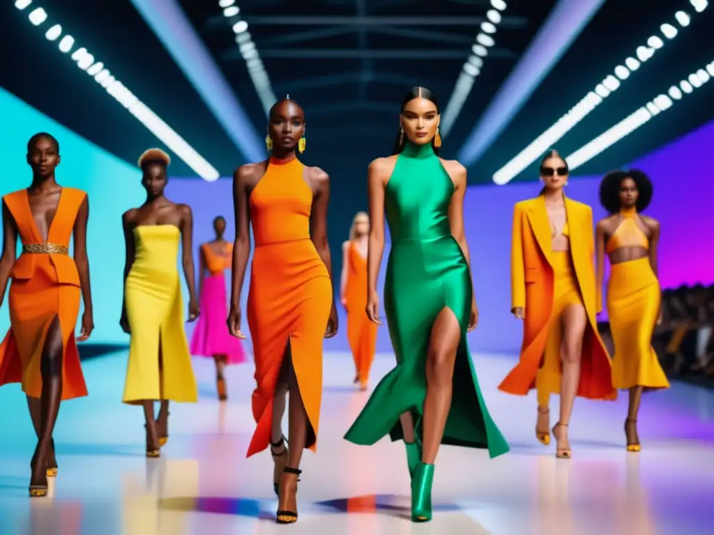 Influencia del color en la moda: Pasarela vibrante y diversa con modelos luciendo outfits coloridos