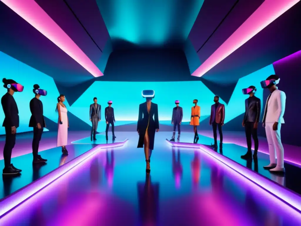 Beneficios de la realidad virtual en moda masculina: Desfile futurista de alta resolución y detalle, con modelos holográficos y diseño vanguardista