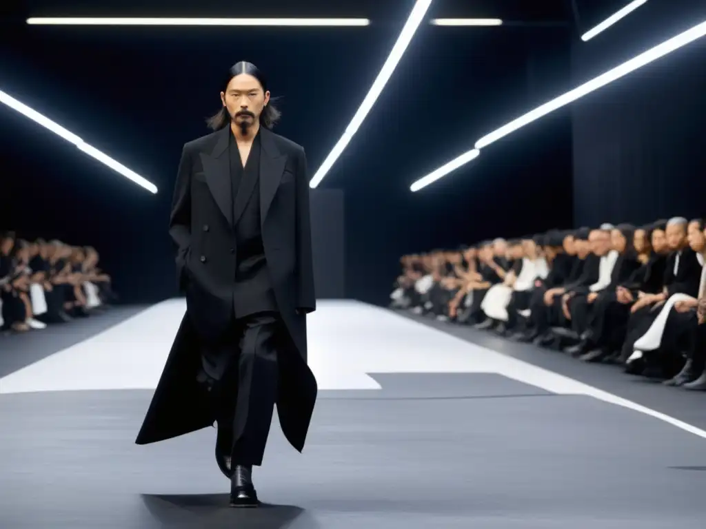 Tendencias moda masculina Yohji Yamamoto: desfile vanguardista con outfit negro y abrigo asimétrico