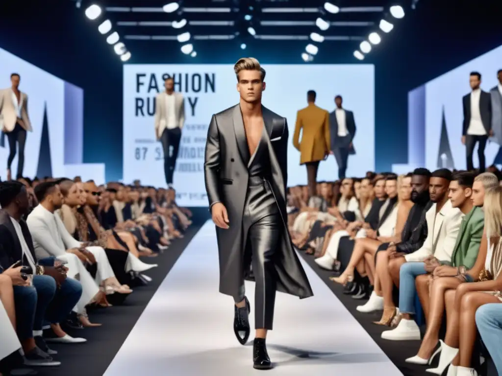 Moda masculina y filantropía: tendencias solidarias - Pasarela de moda 8k con modelos masculinos luciendo prendas modernas y elegantes